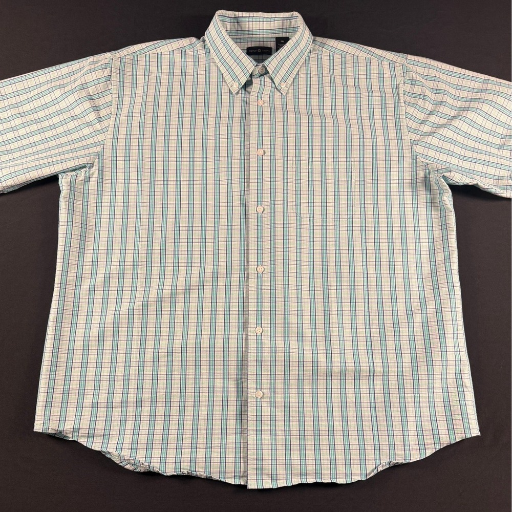 Cotton Traders Mens XXL Shirt Short‎ Sleeve Plaid Teal White Big & Tall Casual